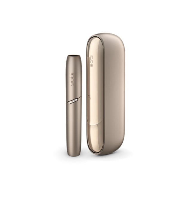 Brilliant gold IQOS 3 DUO charger and holder upright side by side