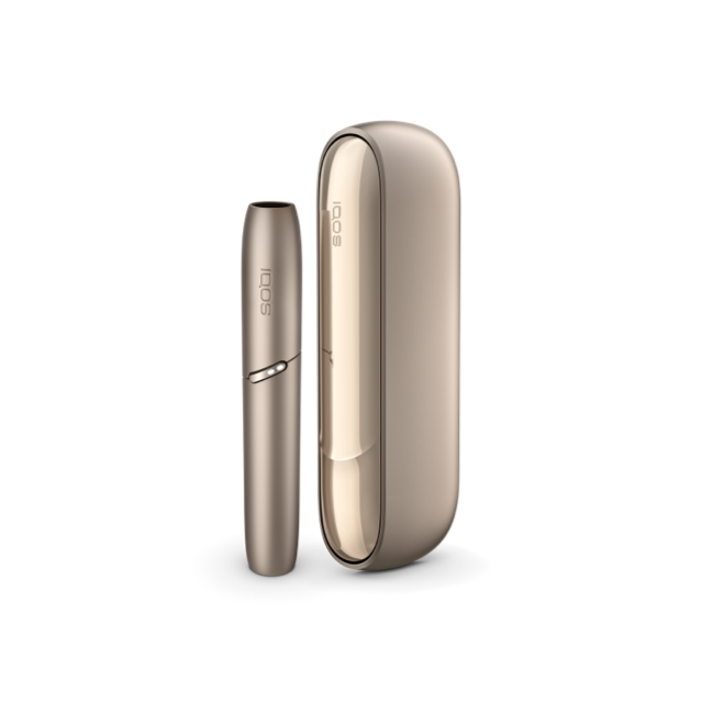Brilliant gold IQOS 3 DUO charger and holder upright side by side